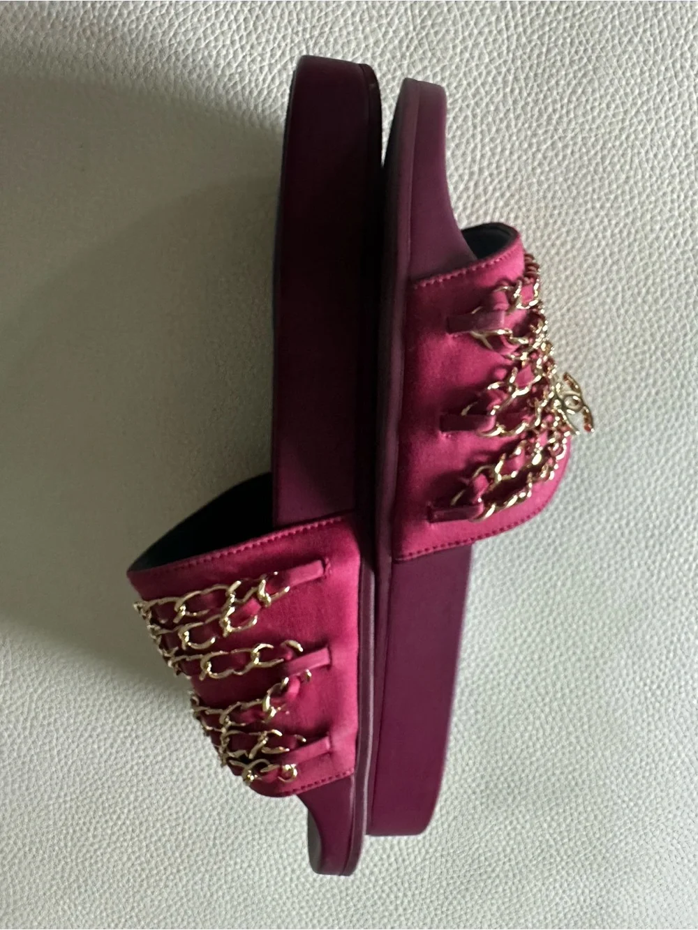 Chanel Gold Chain Tropiconic CC Slides in Dark Fuschia- Size EU 39